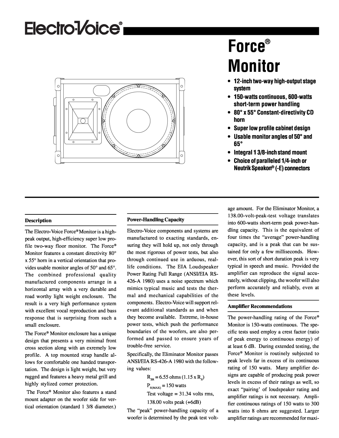 Electro-Voice Computer Monitor manual Force Monitor, inch two-way high-output stage system 