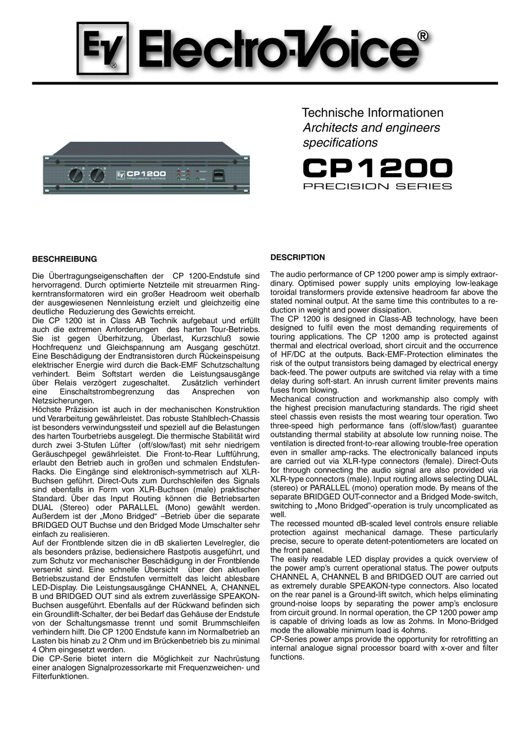 Electro-Voice CP 1200 manual Beschreibung 