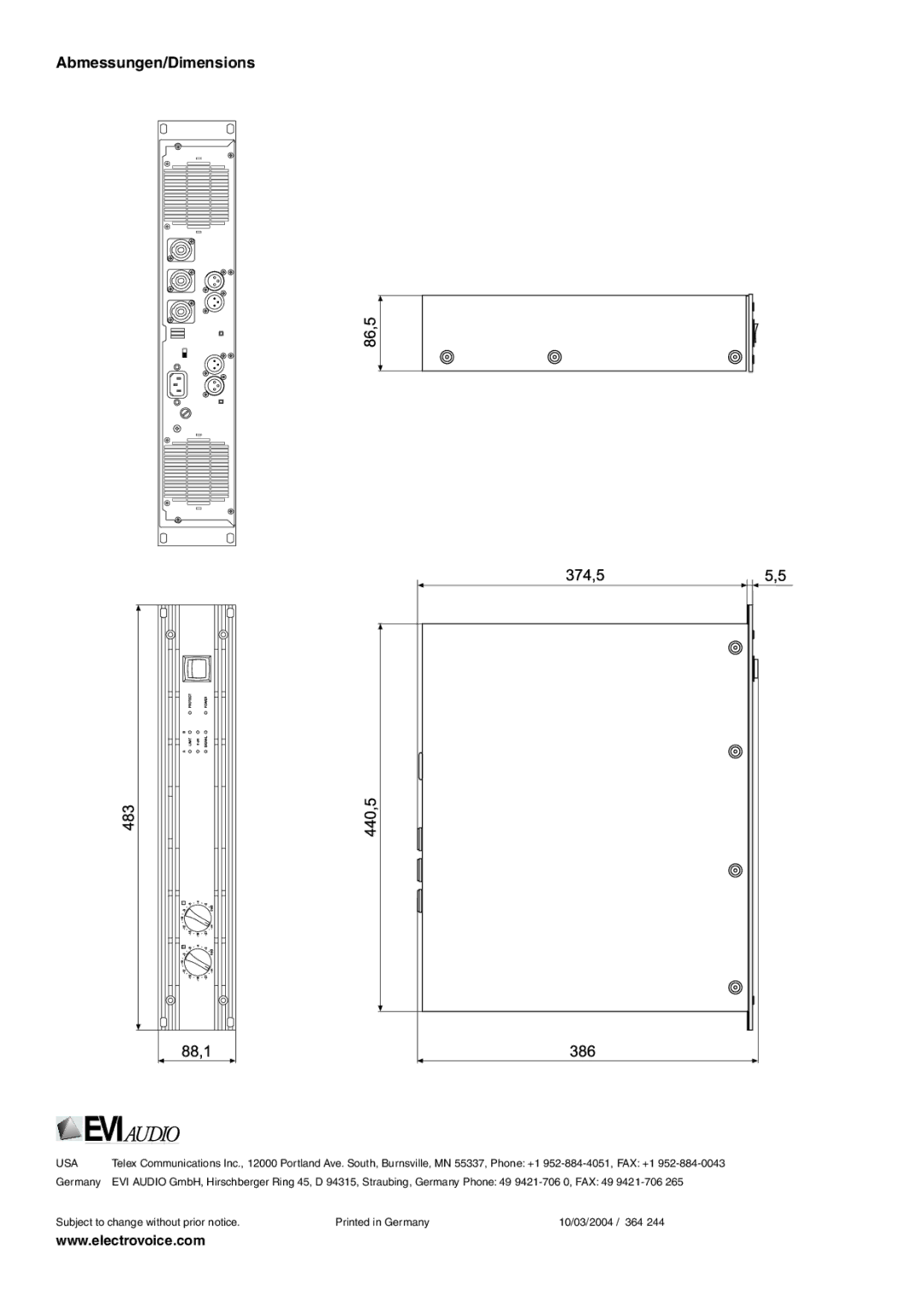 Electro-Voice CP 1200 manual Abmessungen/Dimensions 