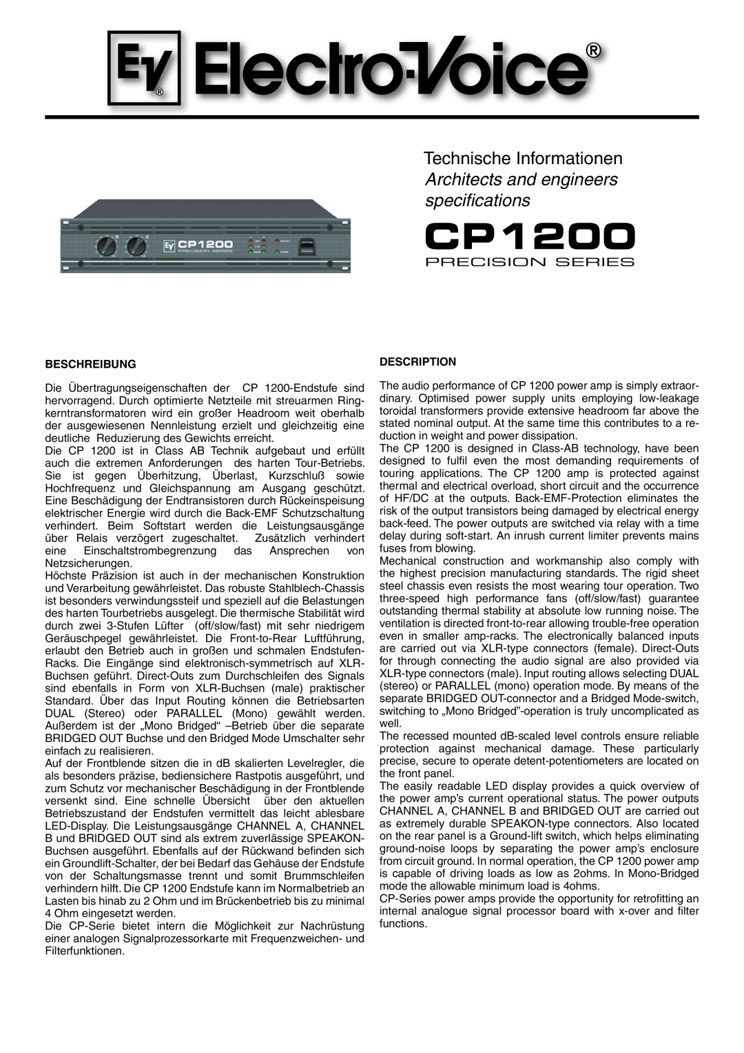 Electro-Voice CP 1200 manual Beschreibung, Description 
