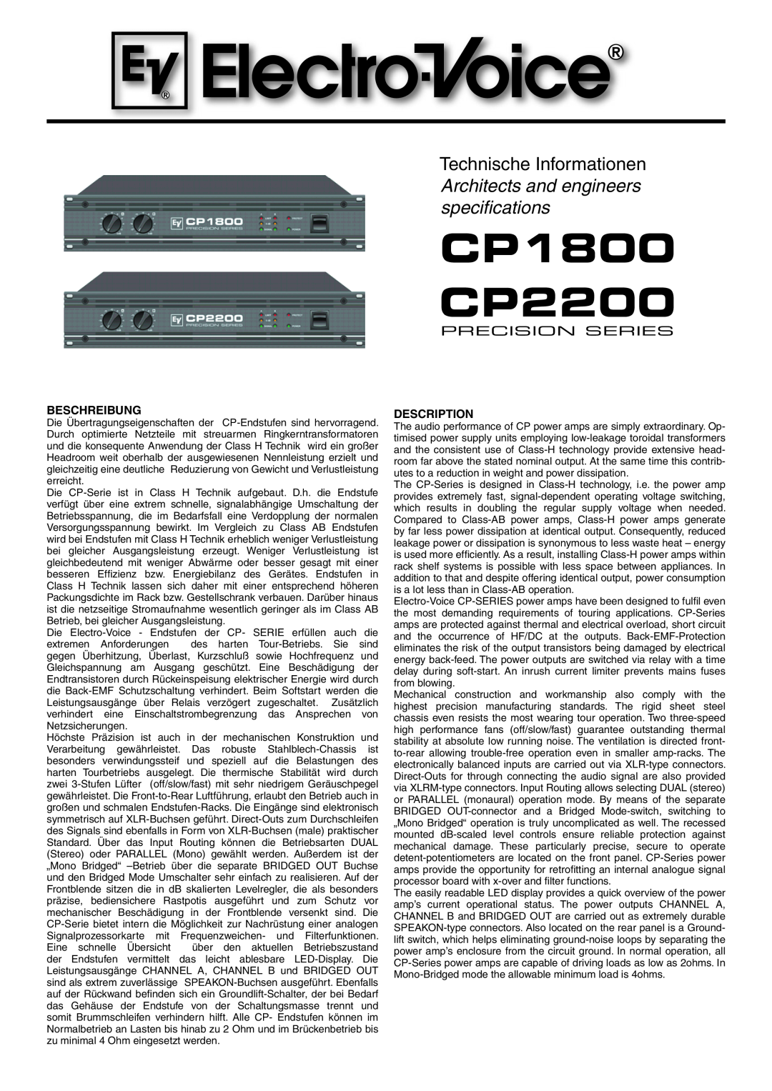 Electro-Voice CP2200, CP1800 manual Beschreibung, Description 