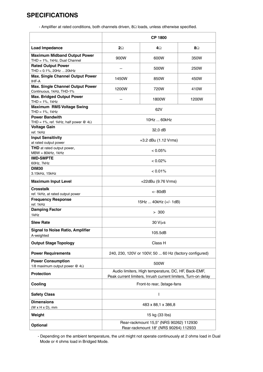 Electro-Voice CP1800, CP2200 manual Specifications 