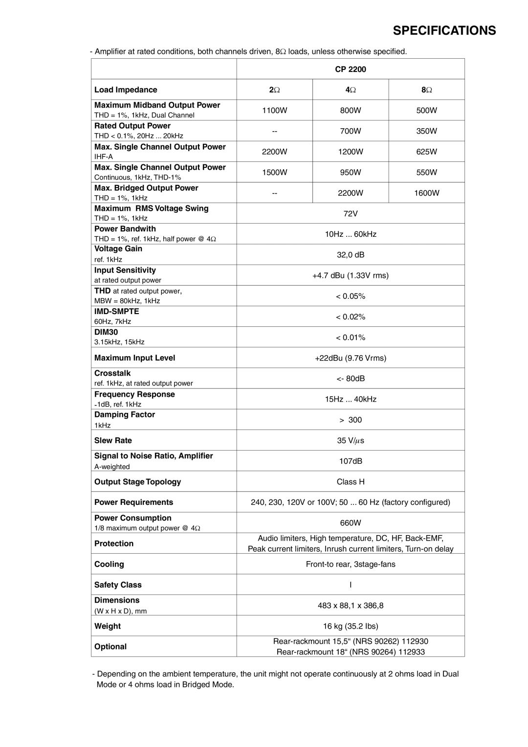 Electro-Voice CP2200, CP1800 manual Specifications 