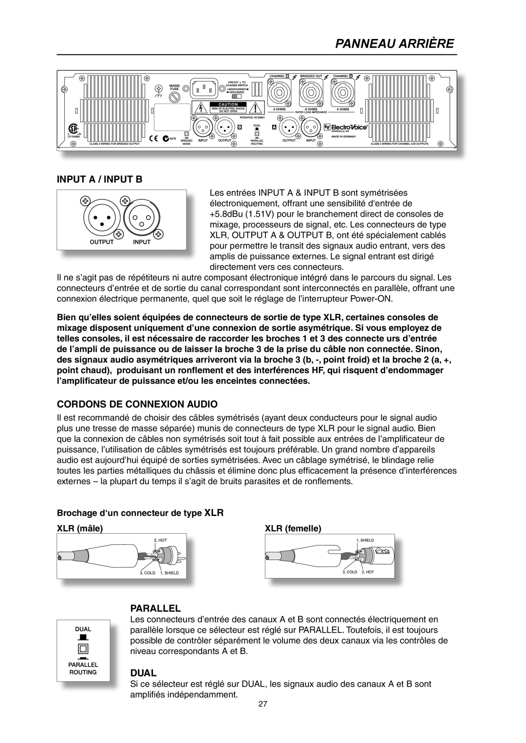 Electro-Voice CP3000S owner manual Panneau Arrière, Cordons DE Connexion Audio 