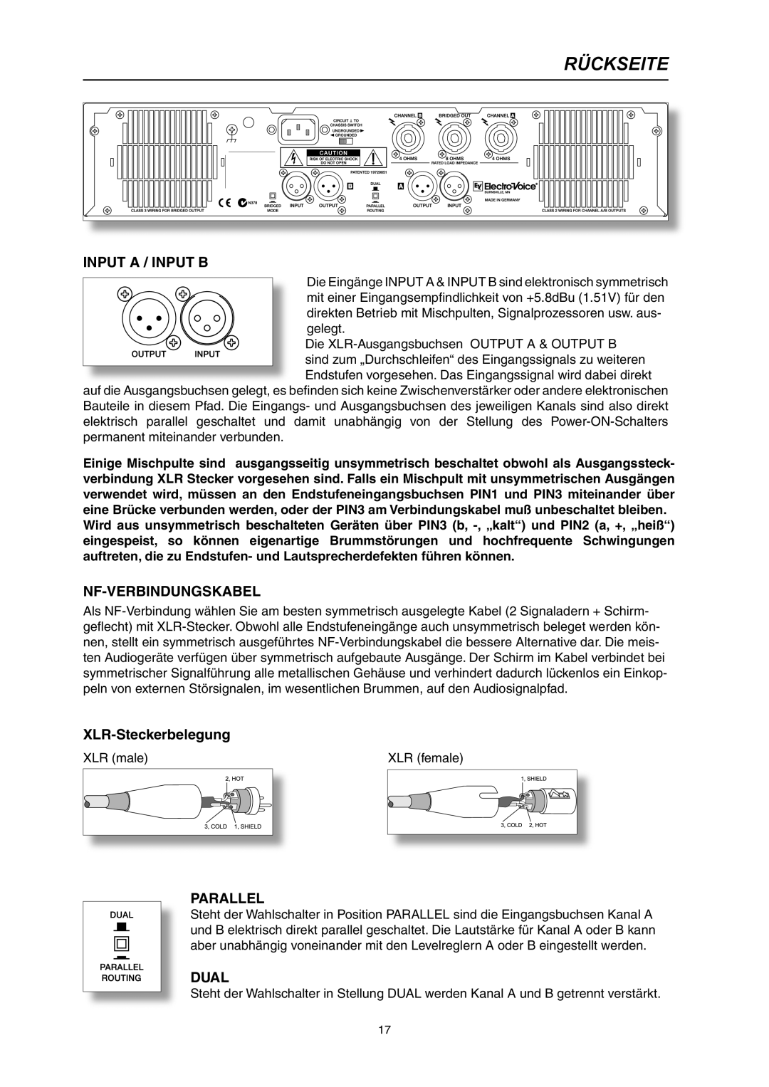 Electro-Voice CP3000S owner manual Rückseite, Nf-Verbindungskabel, XLR-Steckerbelegung, Input A / Input B, Parallel, Dual 