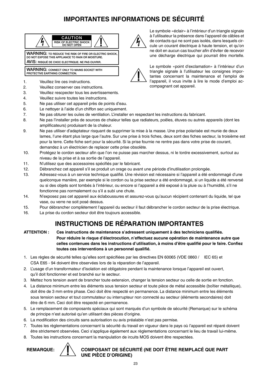 Electro-Voice CP3000S owner manual Importantes Informations De Sécurité, Instructions De Réparation Importantes, Remarque 