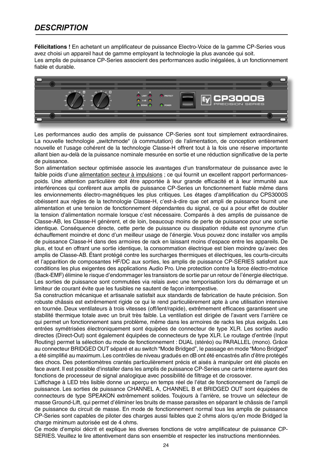 Electro-Voice CP3000S owner manual Description 