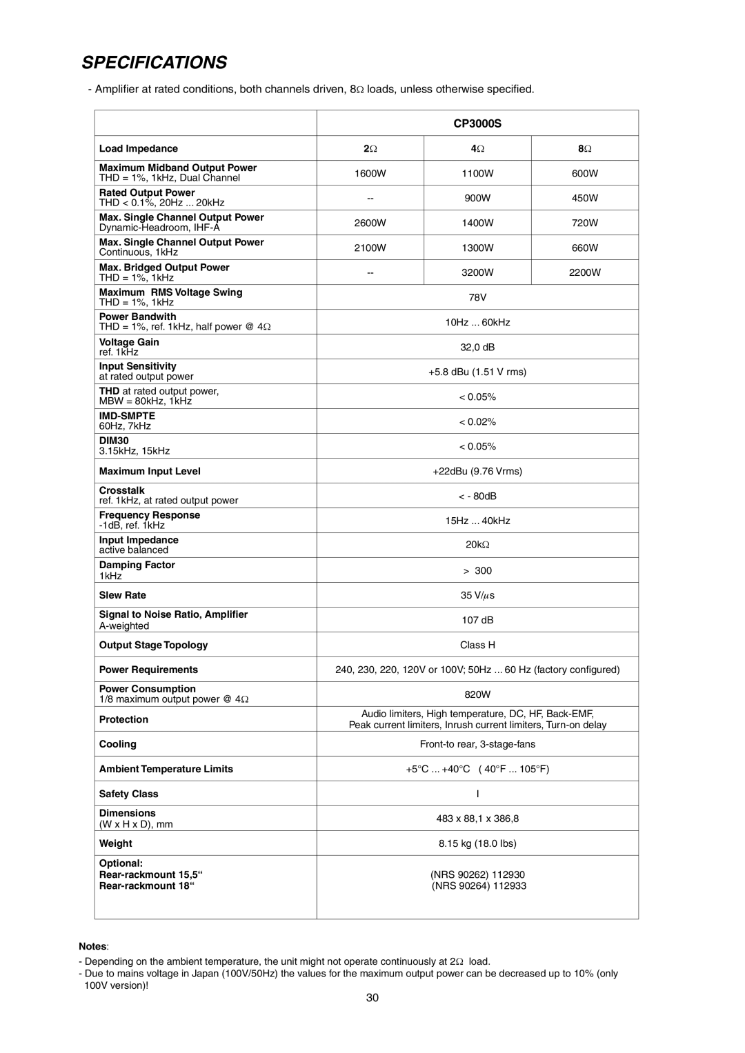 Electro-Voice CP3000S owner manual Specifications 