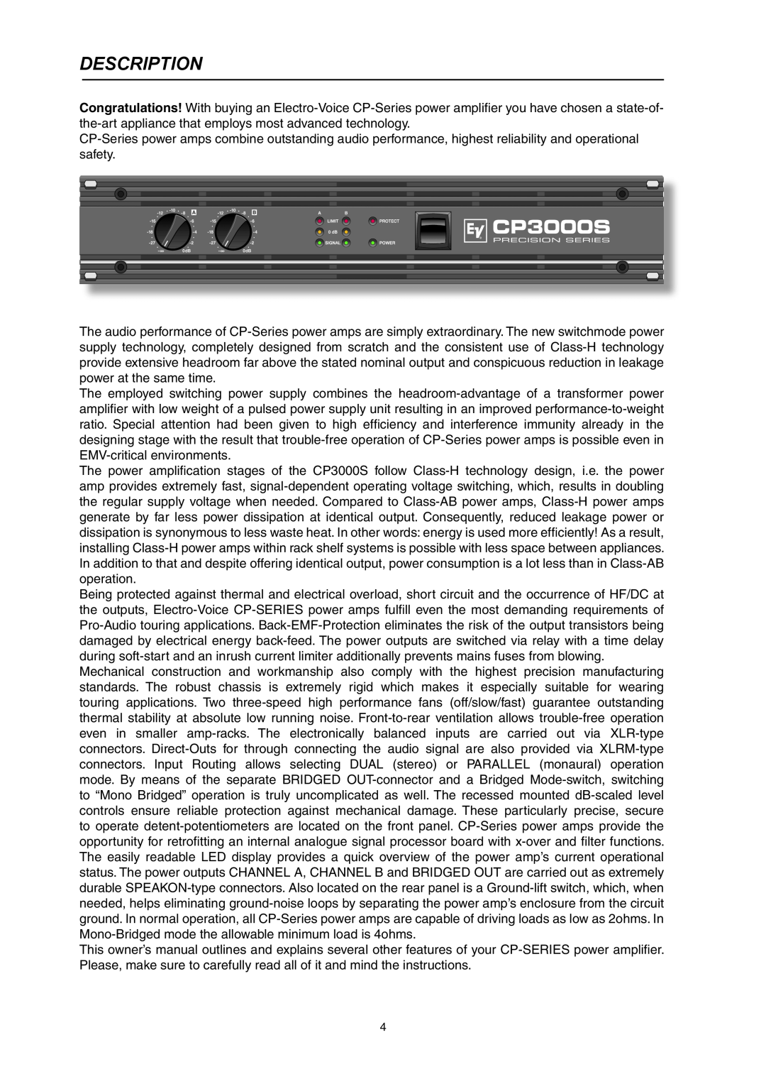 Electro-Voice CP3000S owner manual Description 