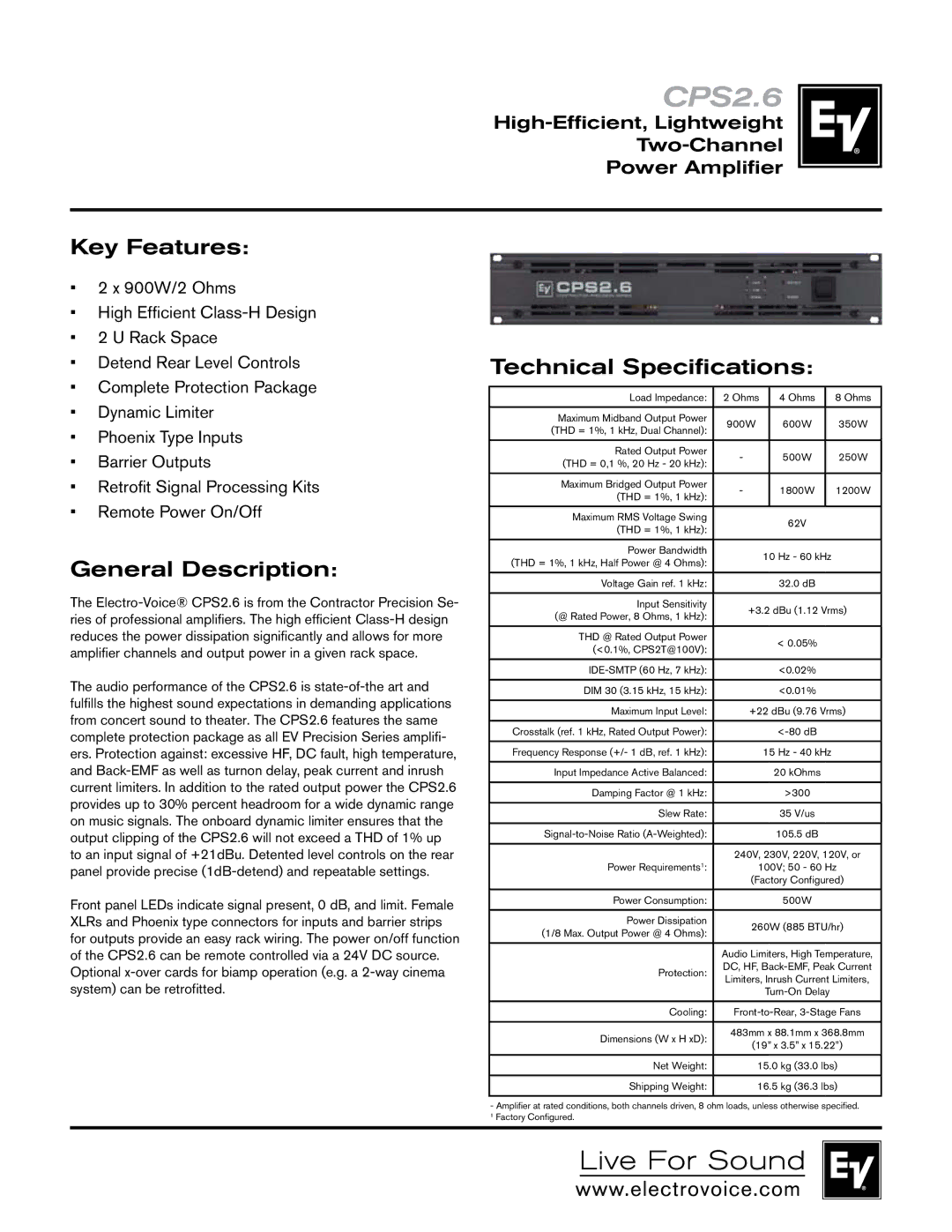 Electro-Voice CPS 2.6 technical specifications CPS2.6, Key Features, General Description, Technical Specifications 