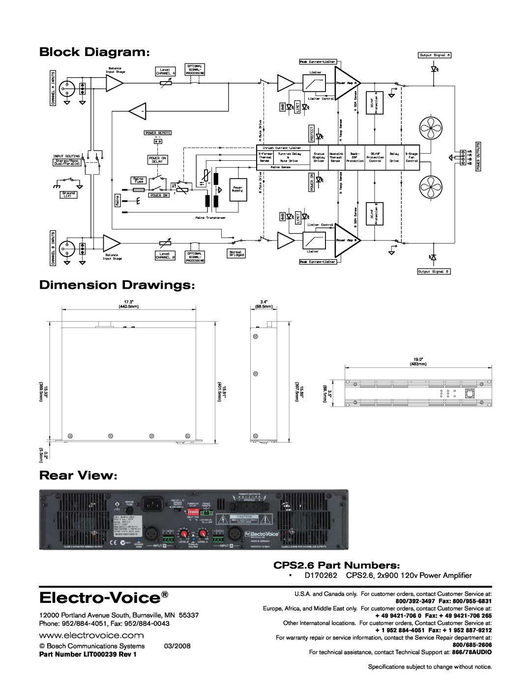Electro-Voice CPS 2.6 Block Diagram Dimension Drawings Rear View, CPS2.6 Part Numbers, Electro-Voice 