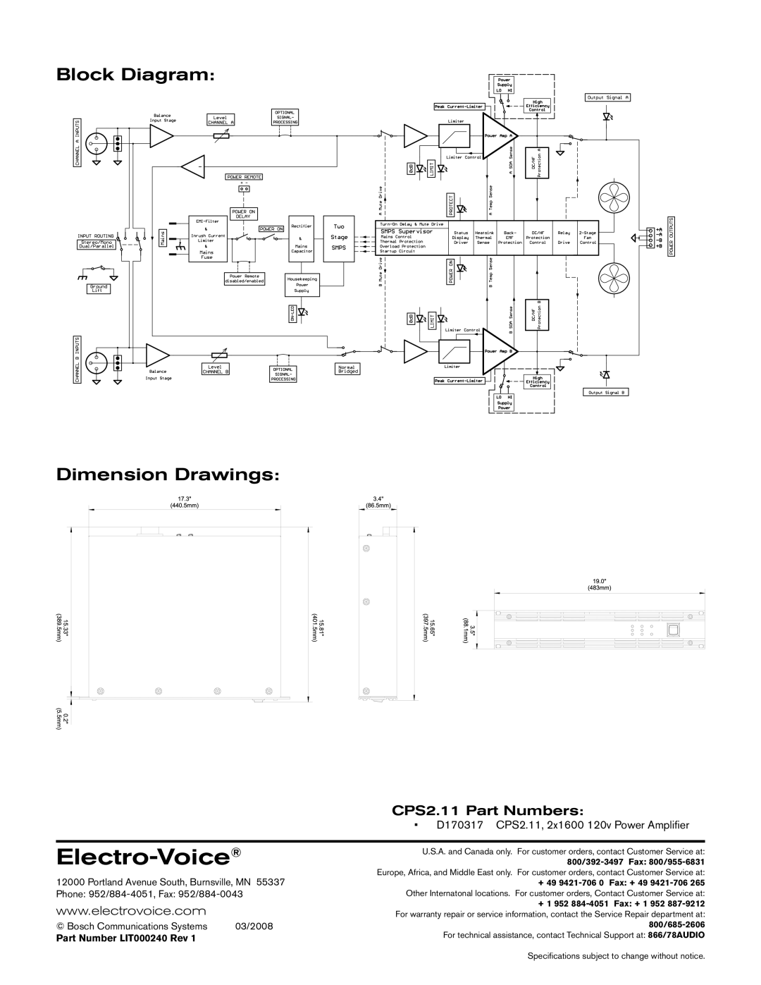 Electro-Voice CPS2.11 technical specifications Electro-Voice, Block Diagram Dimension Drawings, Part Number LIT000240 Rev 