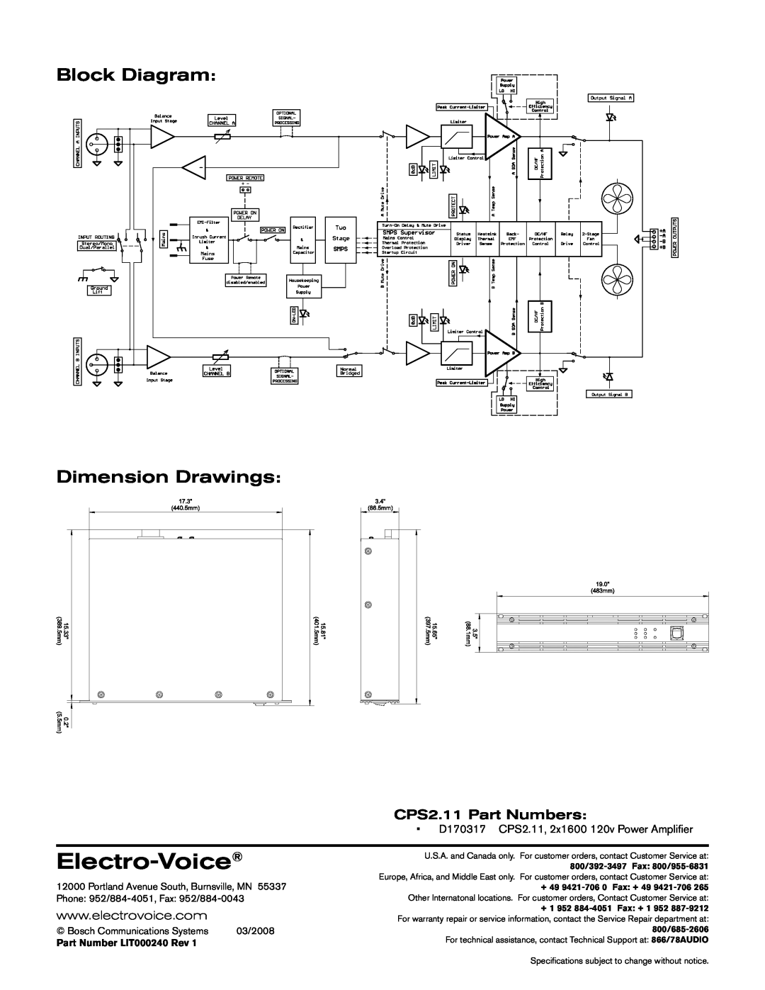 Electro-Voice Block Diagram Dimension Drawings, CPS2.11 Part Numbers, Electro-Voice, Part Number LIT000240 Rev 