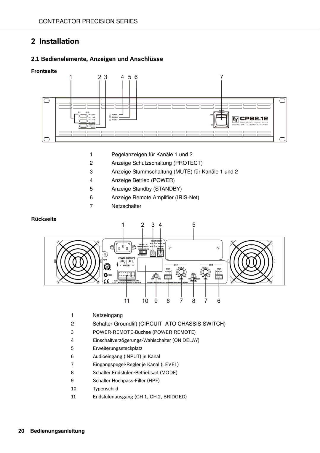 Electro-Voice CPS2.6, CPS2.12, CPS2.4, CPS2.9 owner manual Bedienelemente, Anzeigen und Anschlüsse, Frontseite, Rückseite 