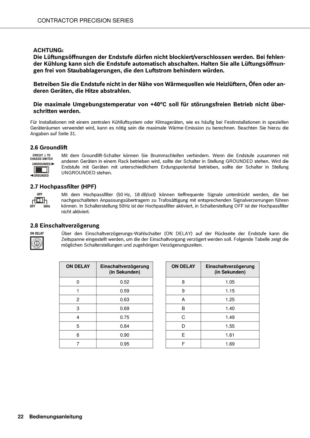 Electro-Voice CPS2.4, CPS2.6, CPS2.12, CPS2.9 owner manual Hochpassfilter HPF, Einschaltverzögerung 