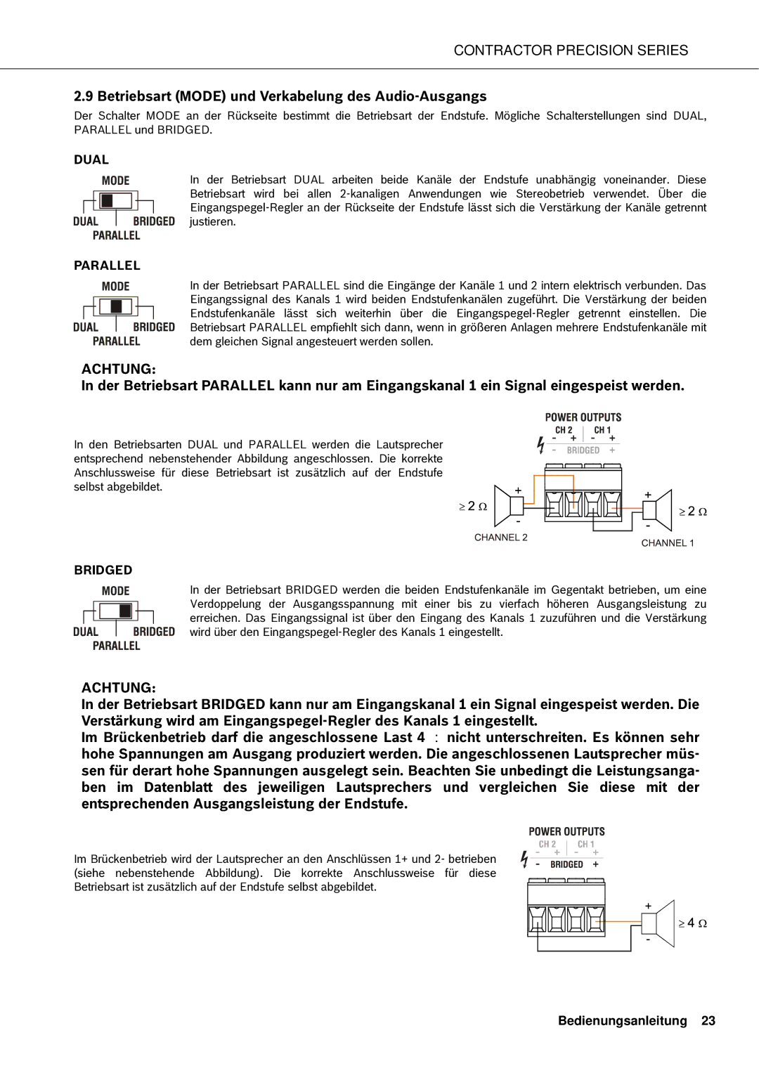 Electro-Voice CPS2.9, CPS2.6, CPS2.12, CPS2.4 owner manual Betriebsart Mode und Verkabelung des Audio-Ausgangs 