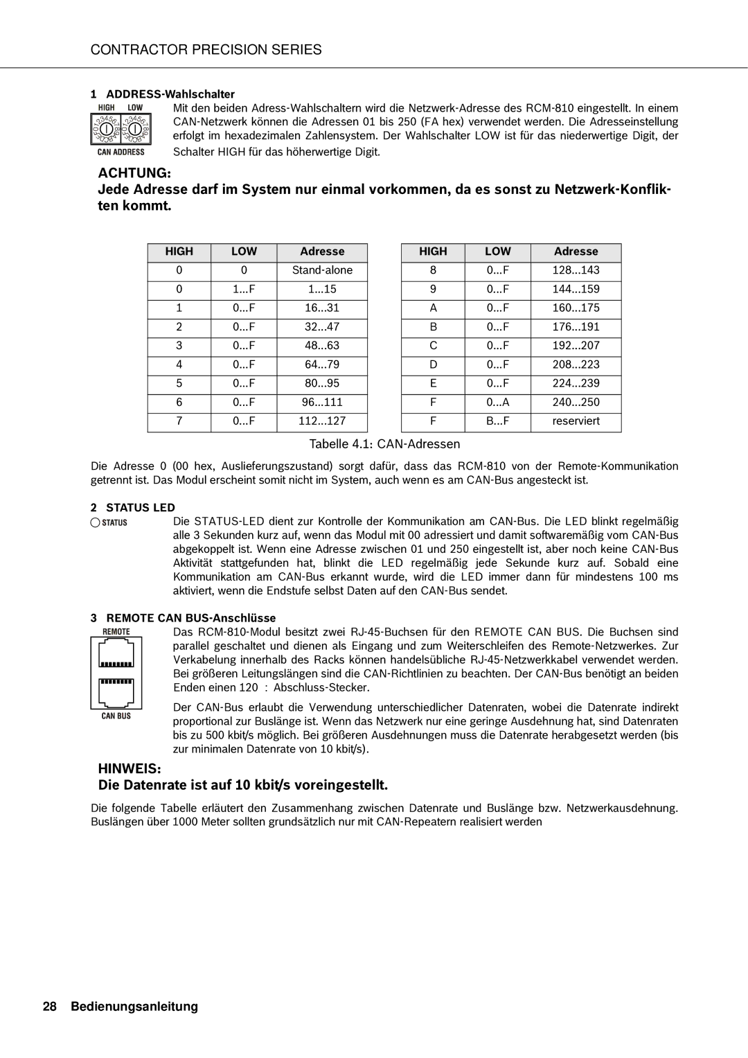 Electro-Voice CPS2.6, CPS2.12, CPS2.4, CPS2.9 Die Datenrate ist auf 10 kbit/s voreingestellt, ADDRESS-Wahlschalter 