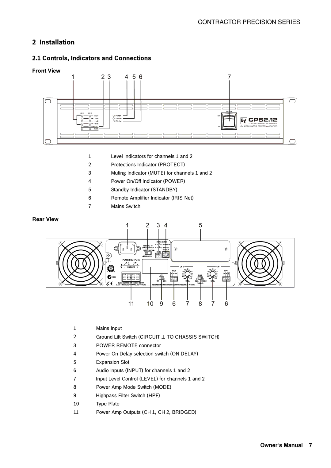 Electro-Voice CPS2.9, CPS2.6, CPS2.12, CPS2.4 owner manual Controls, Indicators and Connections, Front View, Rear View 