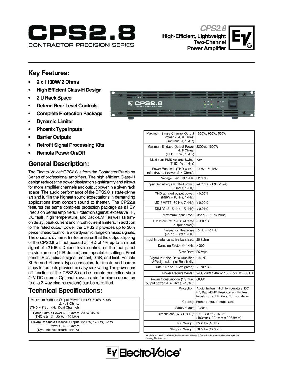 Electro-Voice CPS2.8 technical specifications Key Features, General Description, Technical Specifications 