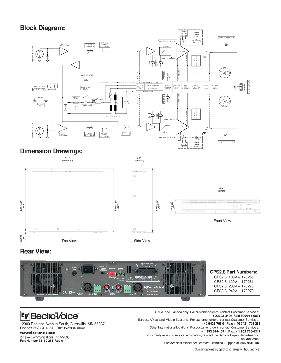 Electro-Voice Block Diagram Dimension Drawings, Rear View, CPS2.8 Part Numbers, Part Number 38110-263 Rev a 