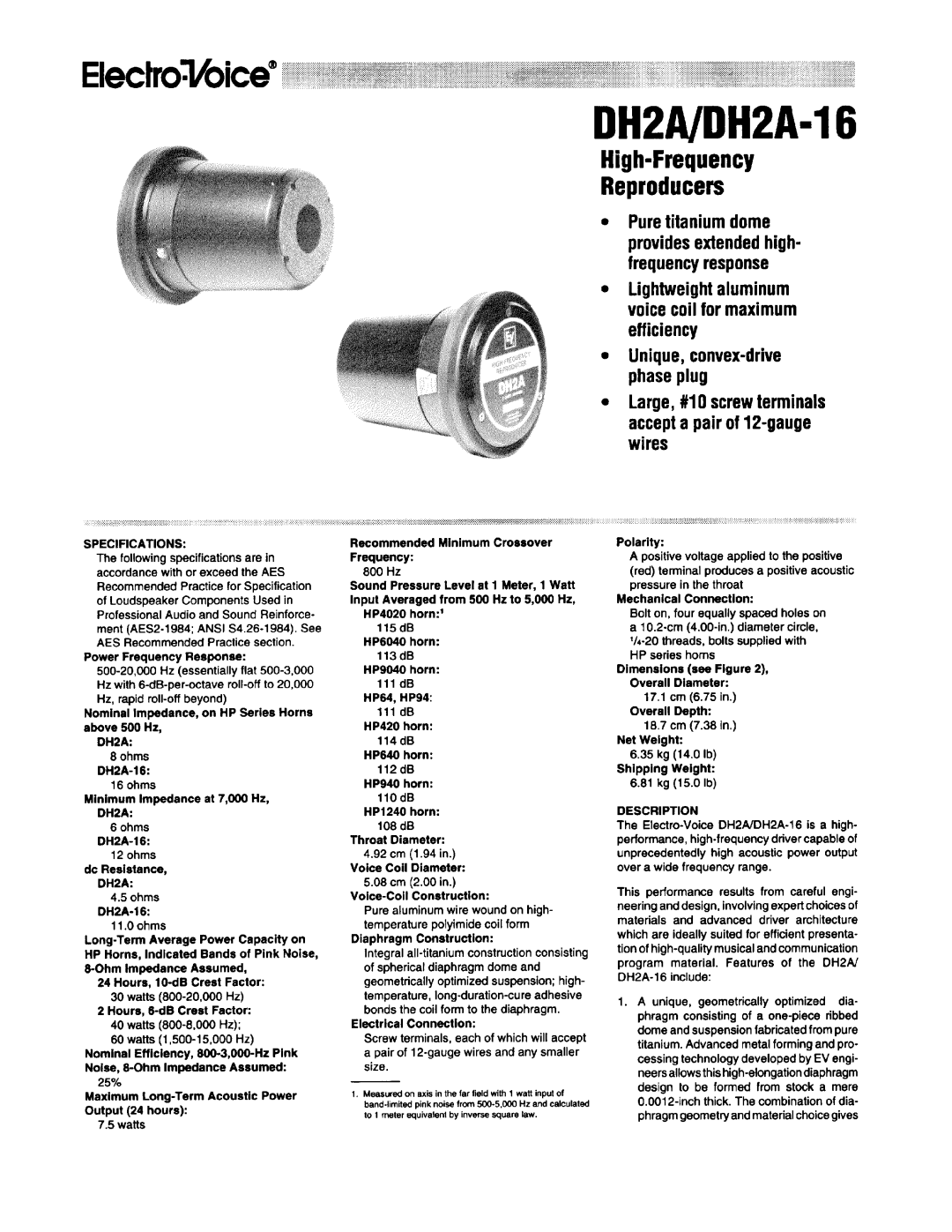 Electro-Voice DH2A-16 manual 