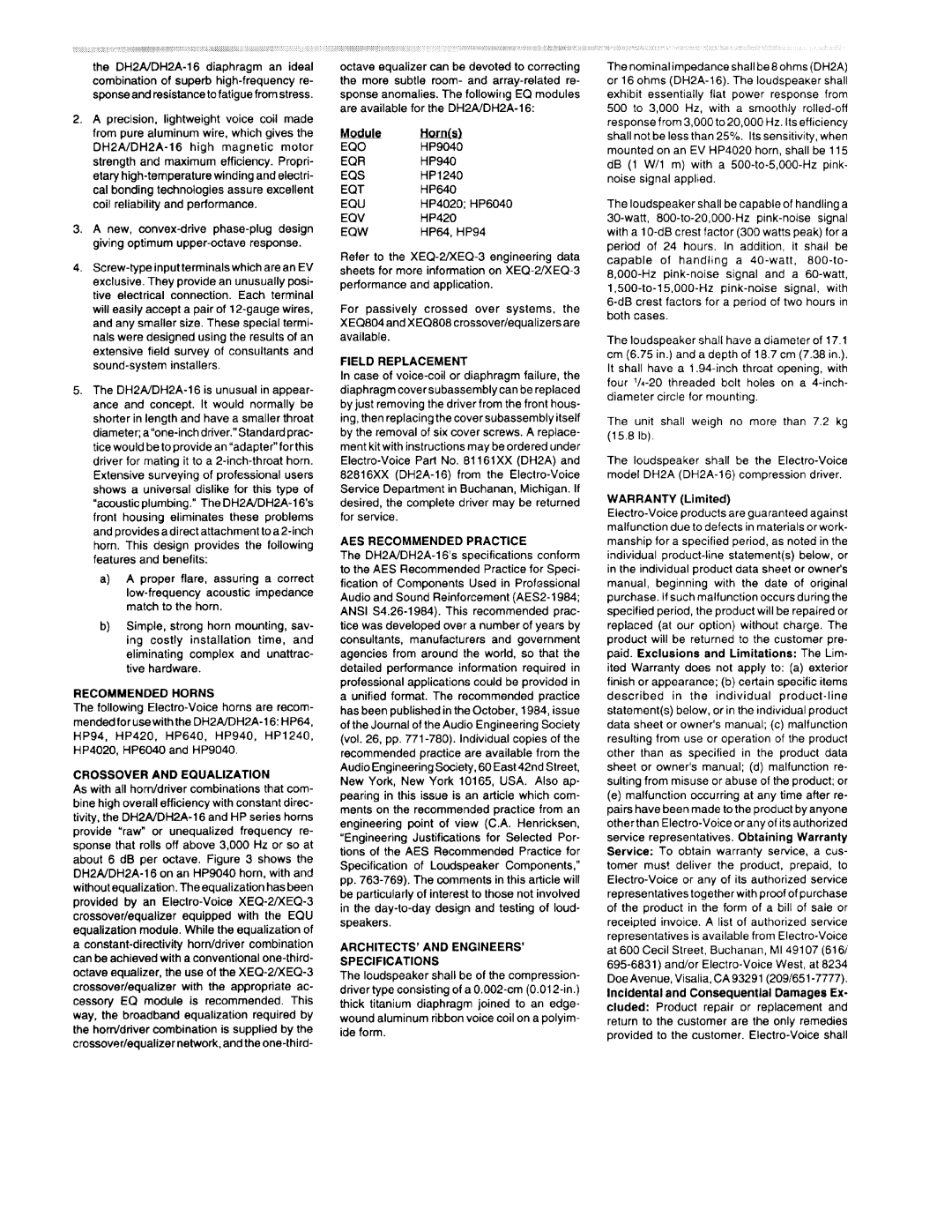 Electro-Voice DH2A-16 manual 