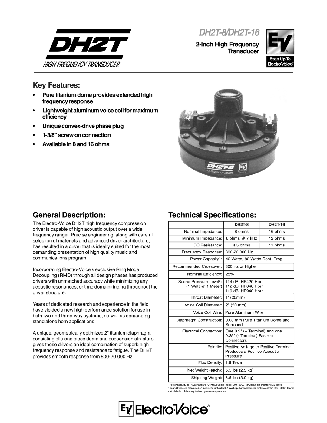 Electro-Voice DH2T-8, DH2T-16 technical specifications General Description, Technical Specifications 