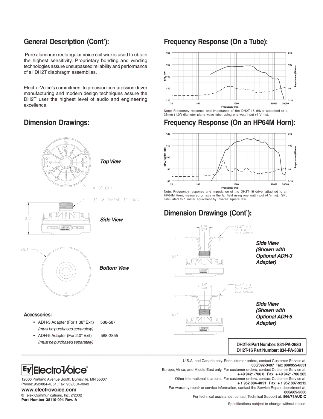 Electro-Voice DH2T-16, DH2T-8 General Description Cont’, Dimension Drawings Cont’, Frequency Response On a Tube 