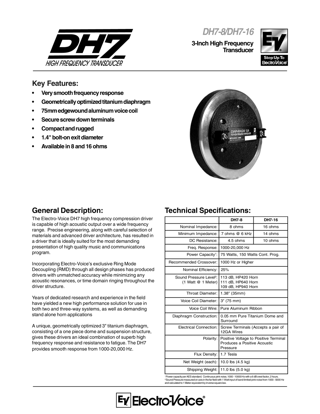 Electro-Voice DH7-16, DH7-8 technical specifications General Description, Technical Specifications 