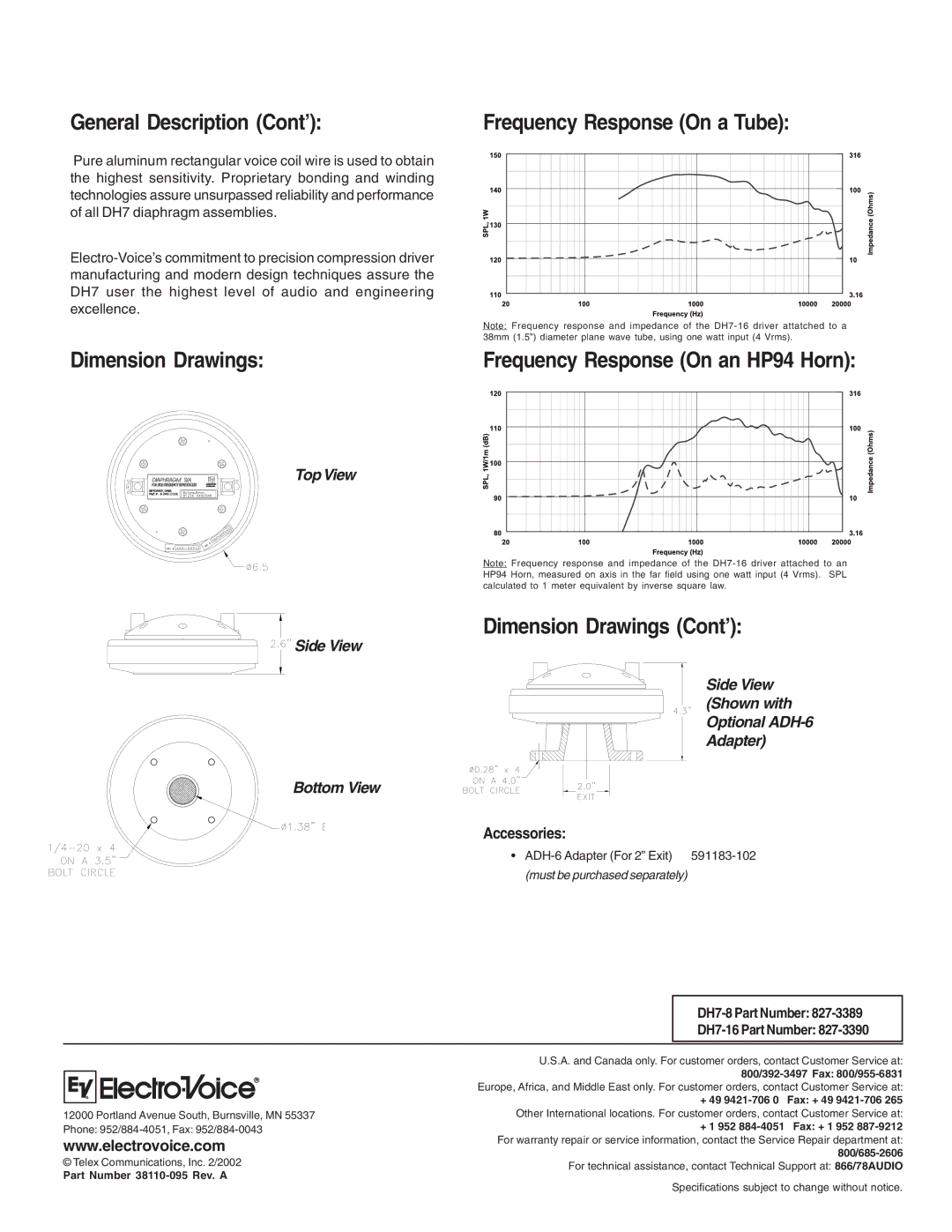 Electro-Voice DH7-8, DH7-16 technical specifications General Description Cont’, Dimension Drawings Cont’ 