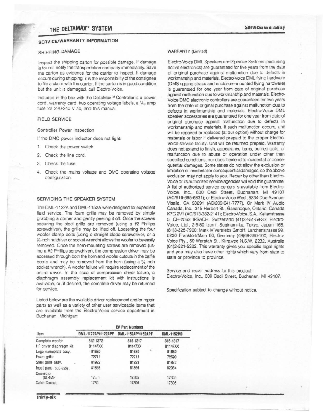 Electro-Voice DMC-1152A, DMC-1122A manual 