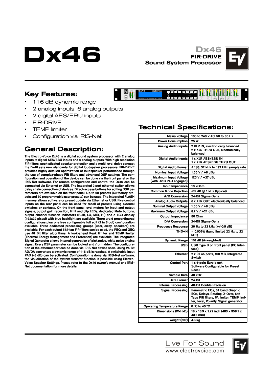 Electro-Voice DX46 technical specifications Dx46, Key Features, General Description, Technical Specifications 