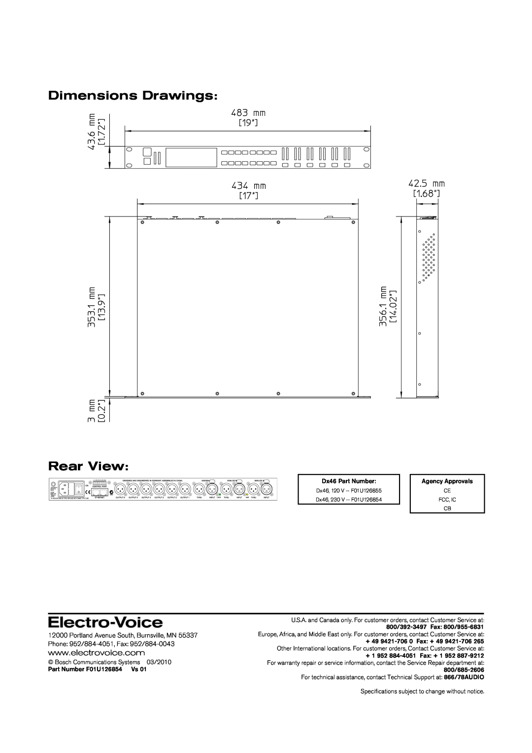 Electro-Voice DX46 technical specifications Dimensions Drawings Rear View, Portland Avenue South, Burnsville, MN 