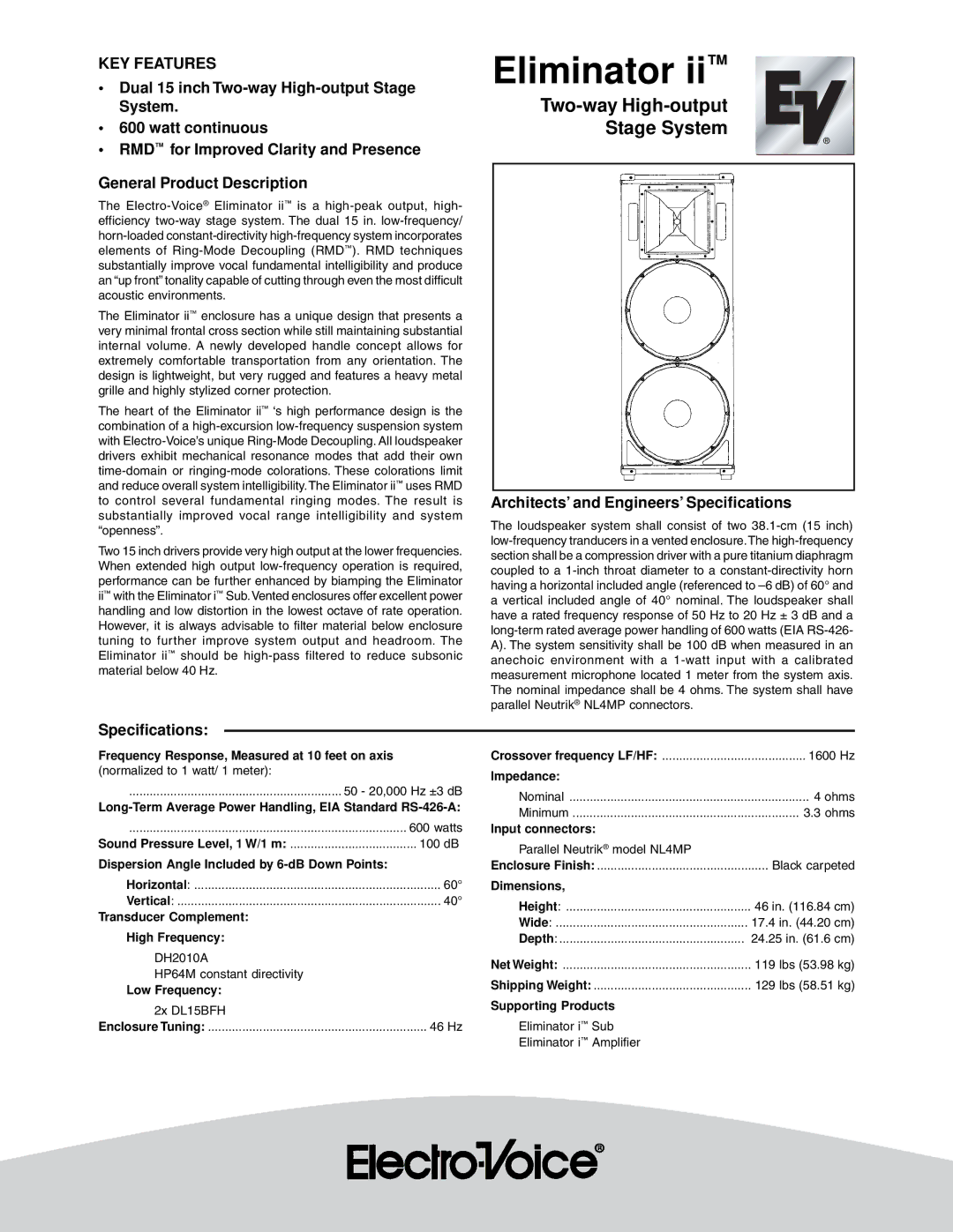 Electro-Voice Eliminator ii specifications Architects’ and Engineers’ Specifications 