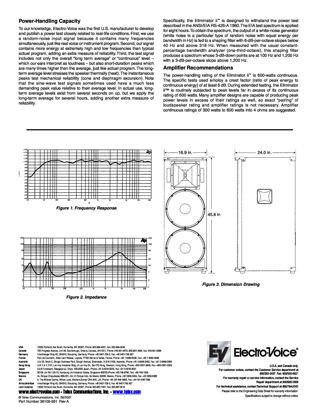 Electro-Voice Eliminator ii specifications Power-HandlingCapacity, Amplifier Recommendations, Frequency Response 