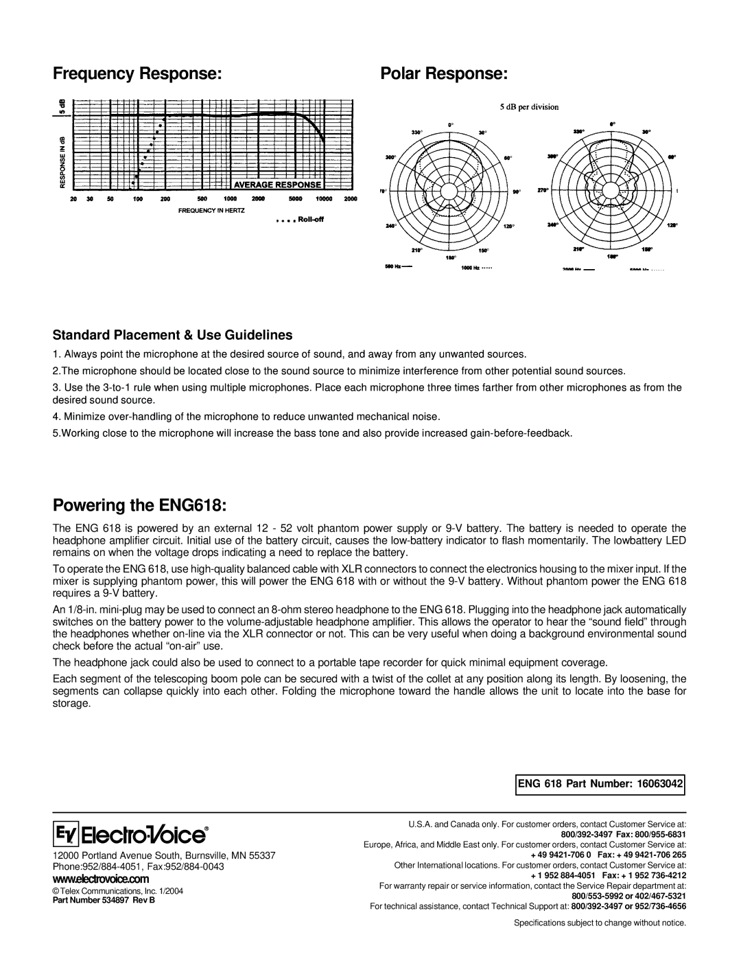 Electro-Voice ENG 618 Frequency Response, Powering the ENG618, Part Number 534897 Rev B, + 49 9421-706 0 Fax + 49 9421-706 