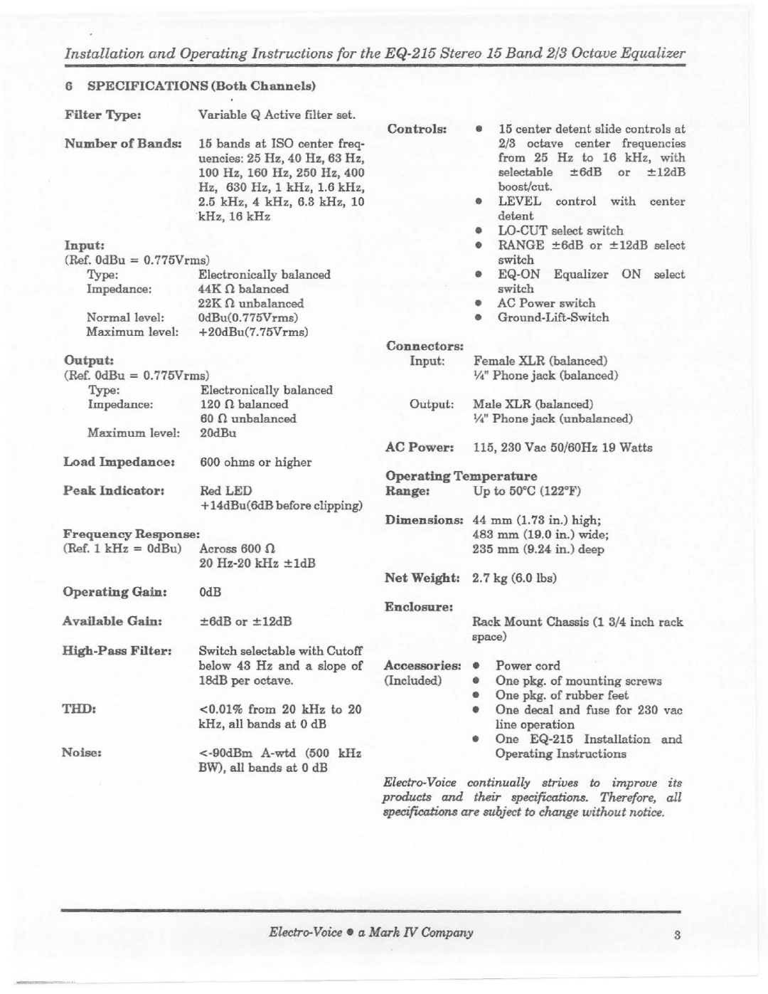 Electro-Voice EQ-215 manual 