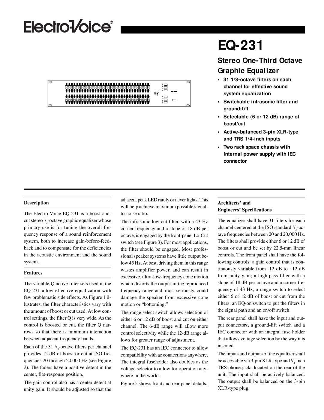 Electro-Voice EQ-231 specifications Description, Features, Architects’ Engineers’ Specifications 