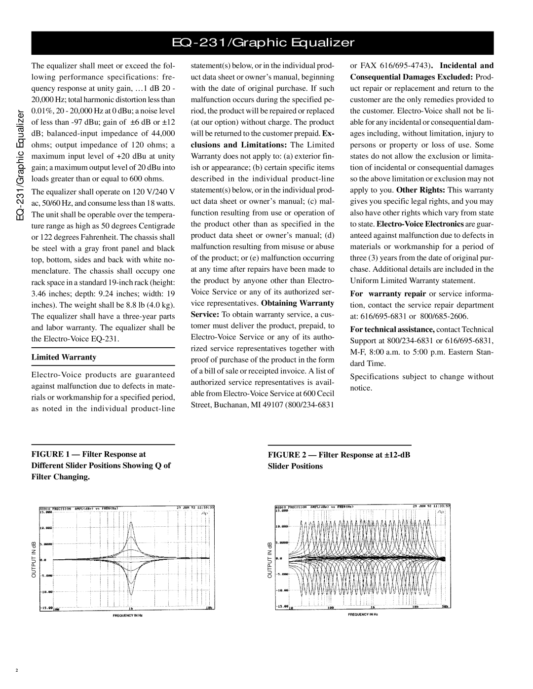 Electro-Voice EQ-231 specifications Limited Warranty, Different Slider Positions Showing Q Filter Changing 