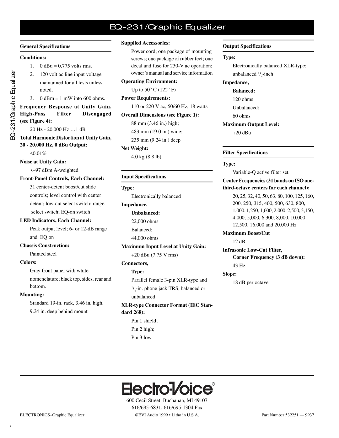 Electro-Voice EQ-231 General Specifications Conditions, Noise at Unity Gain, Front-Panel Controls, Each Channel, Colors 