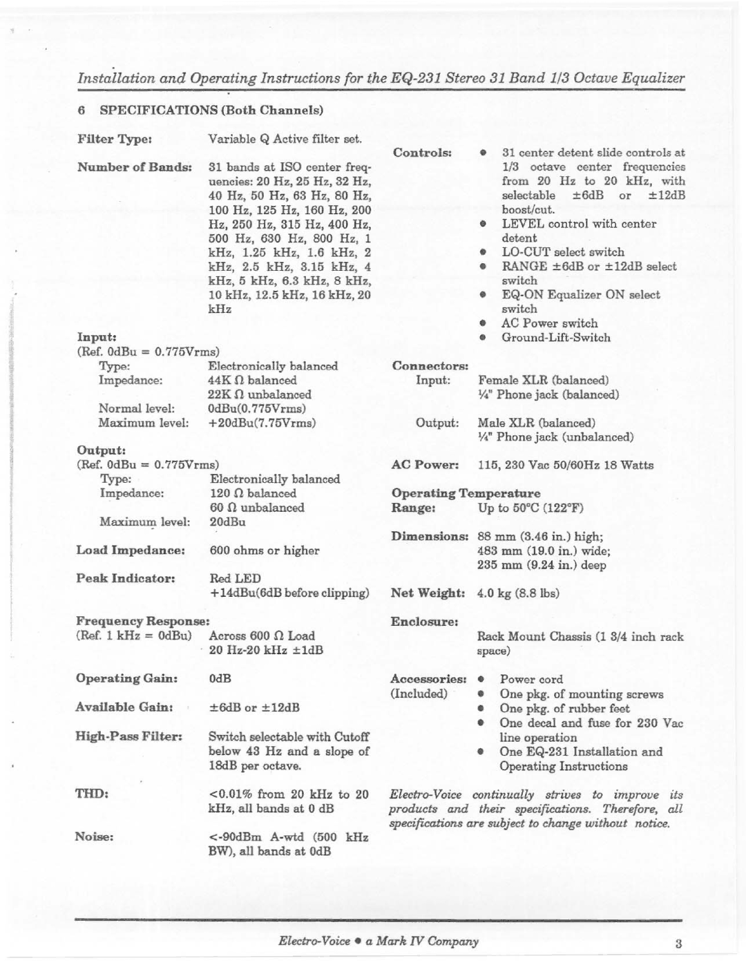 Electro-Voice EQ-231 manual 