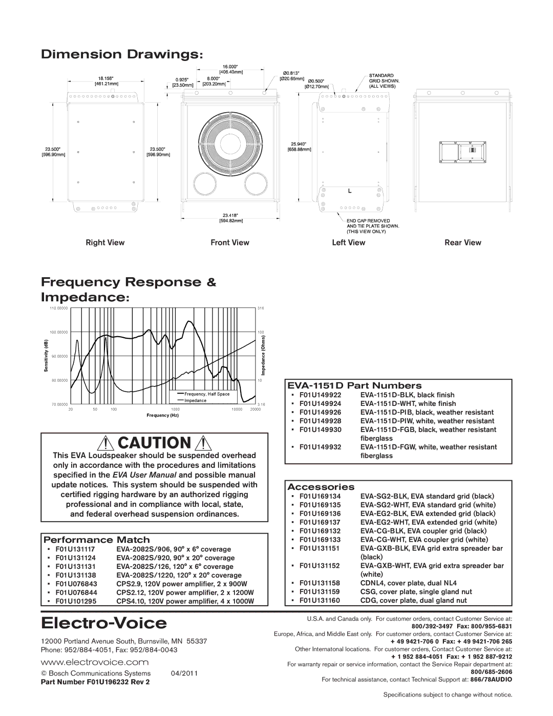 Electro-Voice Dimension Drawings, Frequency Response Impedance, EVA-1151D Part Numbers, Accessories, Performance Match 