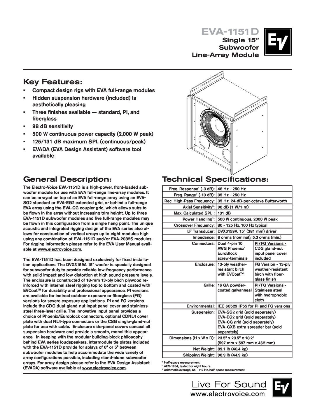 Electro-Voice EVA-1151D technical specifications Key Features, General Description, Technical Specifications 