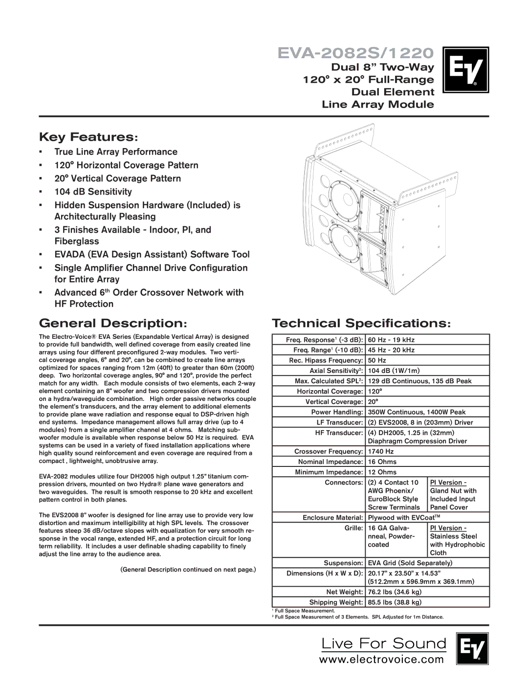 Electro-Voice EVA-2082S/1220 technical specifications Key Features, General Description, Technical Specifications 