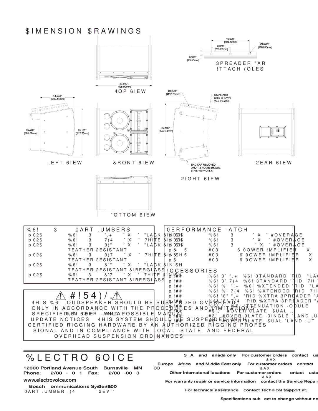 Electro-Voice technical specifications Dimension Drawings, EVA-2082S/1220 Part Numbers 