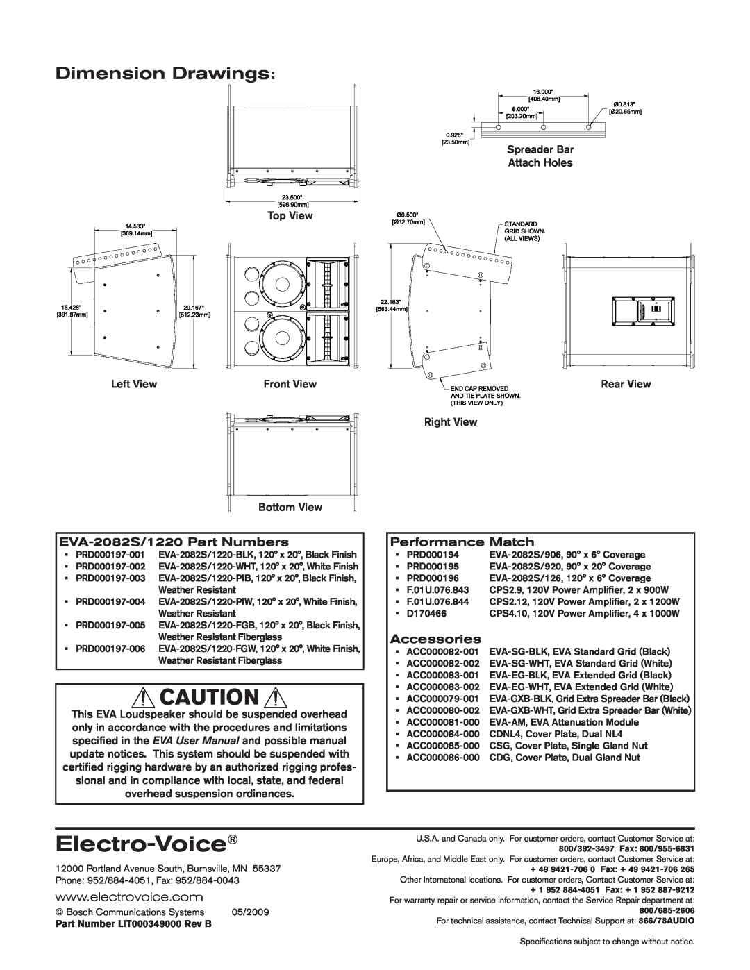 Electro-Voice Dimension Drawings, Electro-Voice, EVA-2082S/1220Part Numbers, Performance Match, Accessories, Top View 