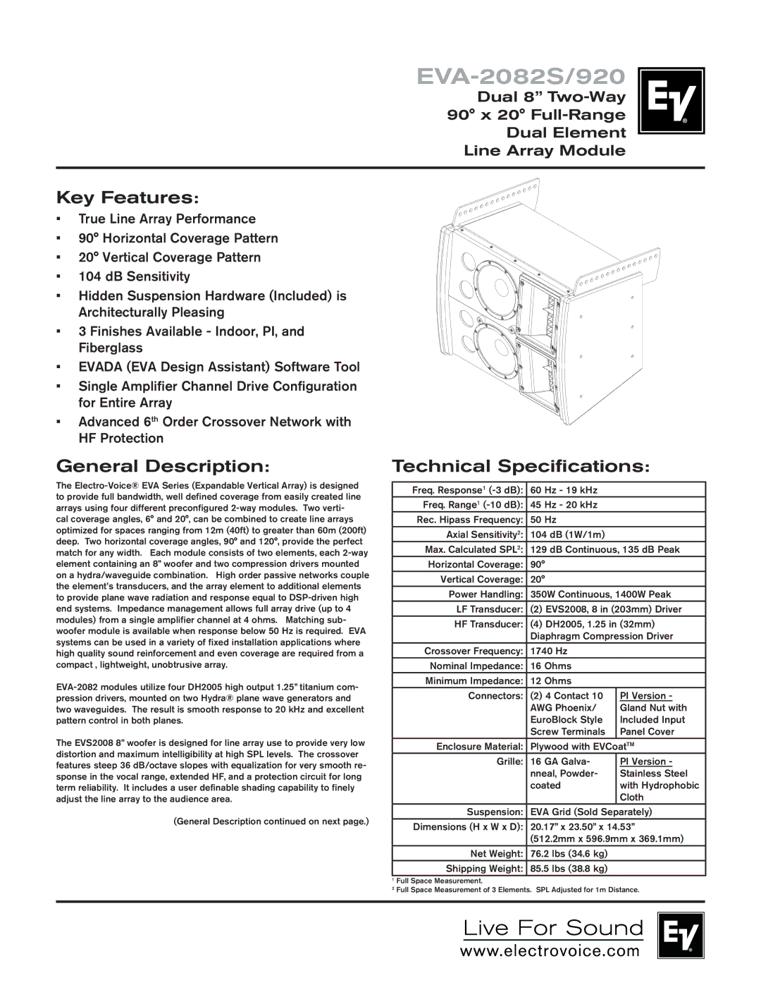 Electro-Voice EVA-2082S/920 technical specifications Key Features, General Description, Technical Specifications 