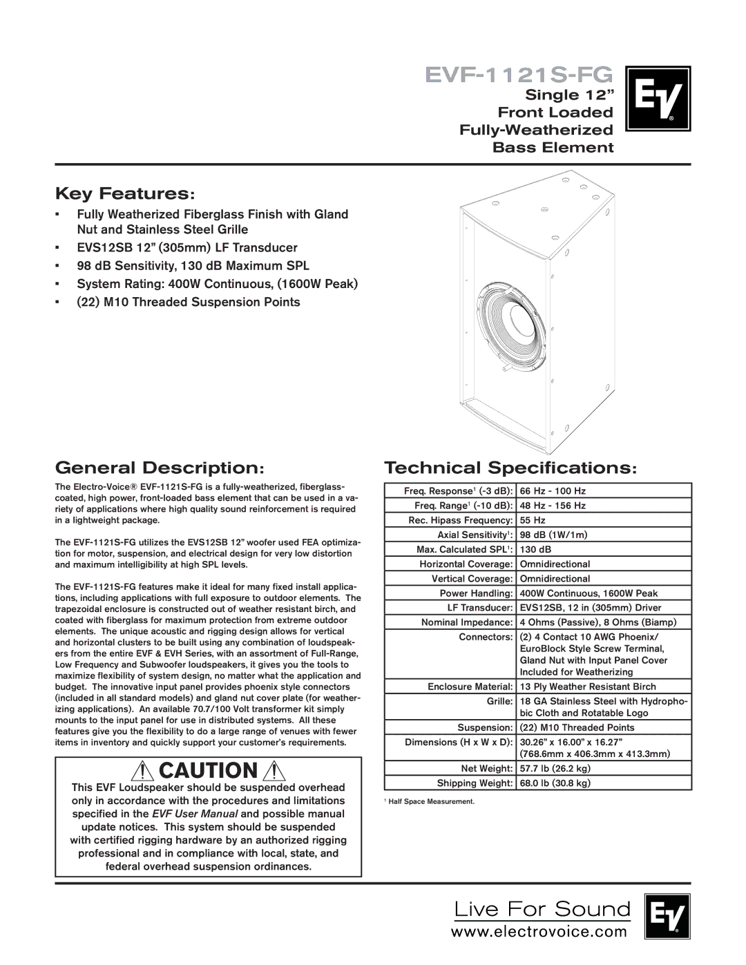 Electro-Voice EVF-1121S-FG technical specifications Key Features, General Description, Technical Specifications 