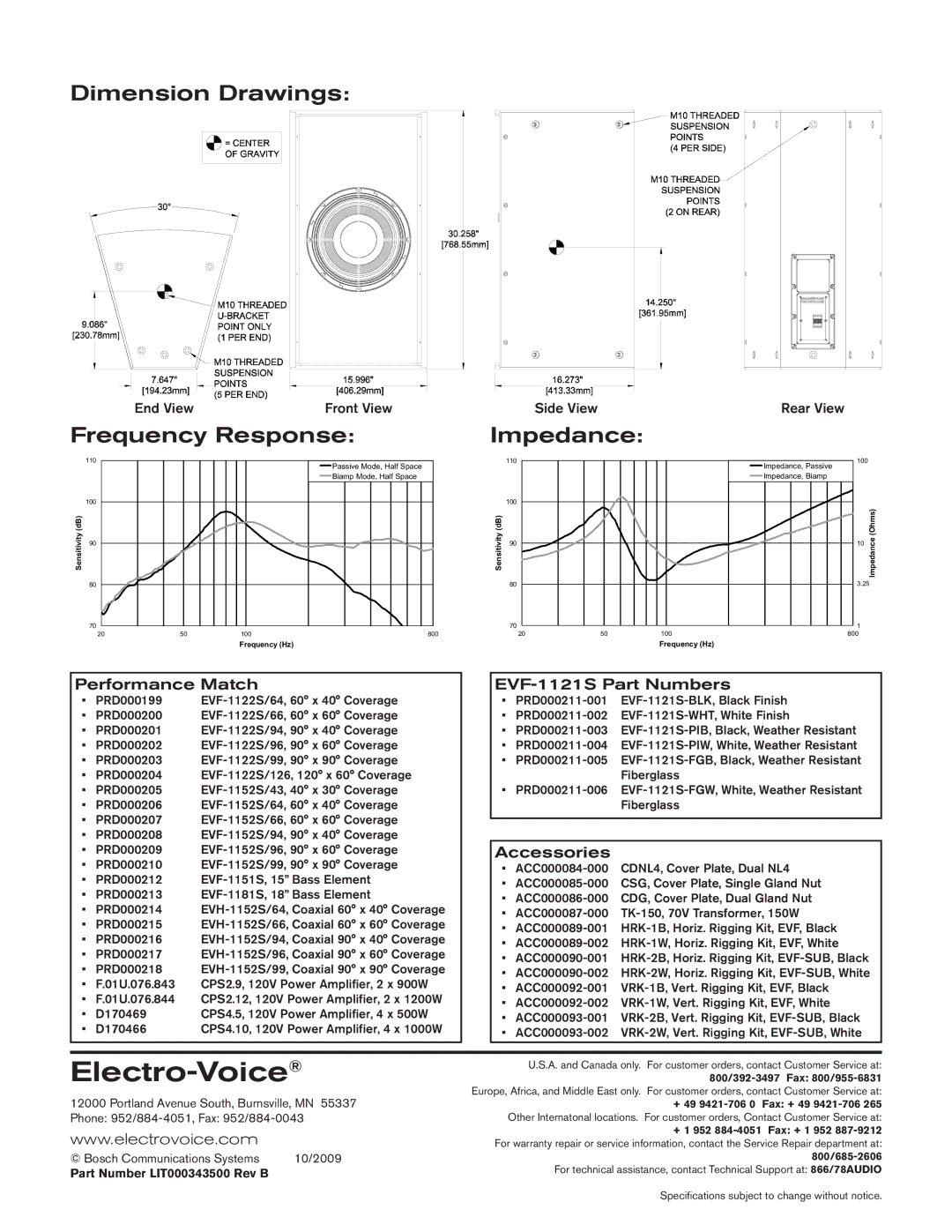 Electro-Voice EVF-1121S-FG technical specifications Dimension Drawings, Frequency Response, Impedance 