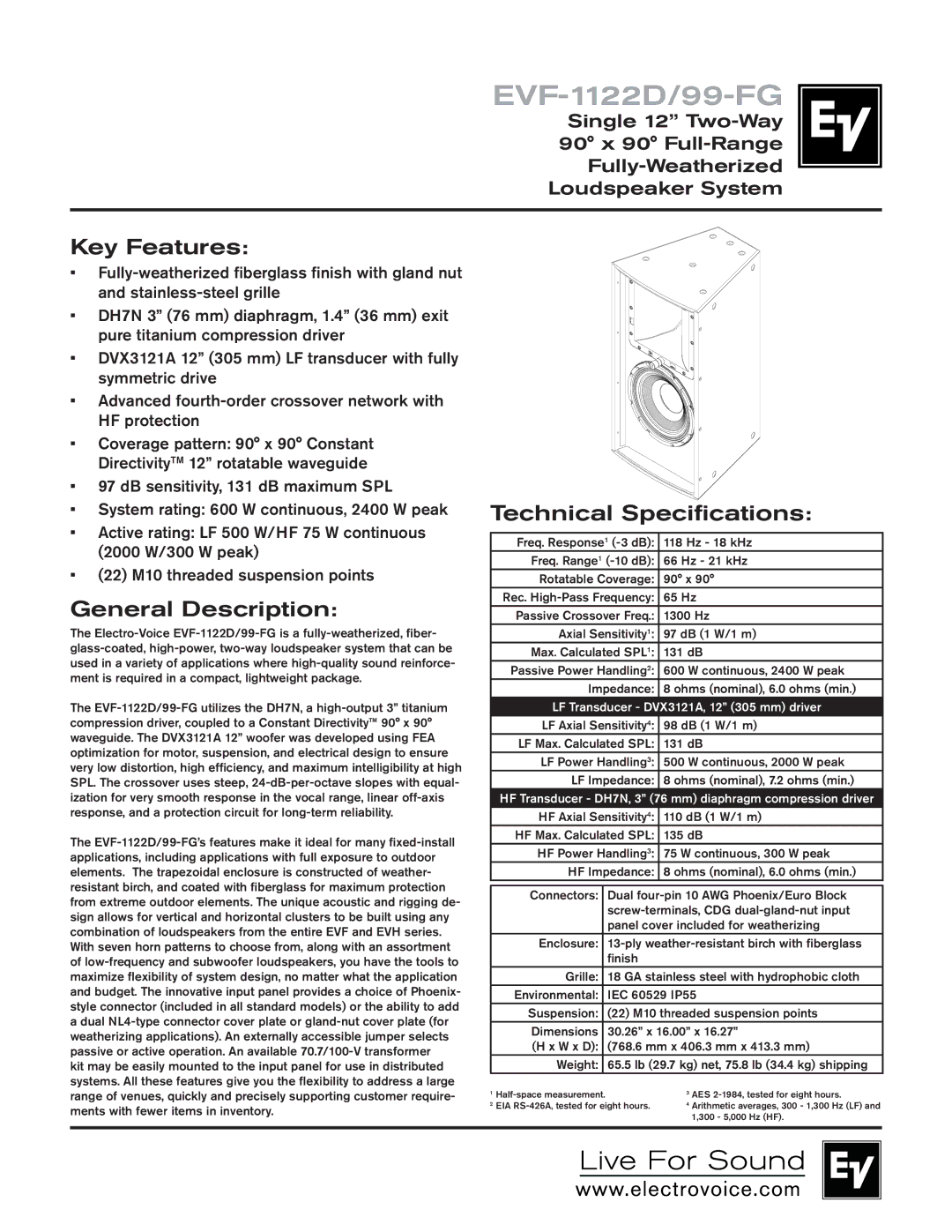 Electro-Voice EVF-1122D/99-FG technical specifications Key Features, General Description, Technical Specifications 